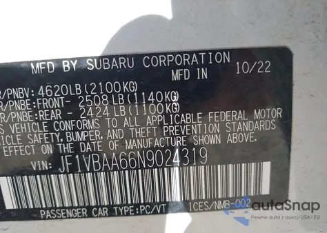 2022 Subaru Wrx from USA, damaged, VIN JF1VBAA66N9024319